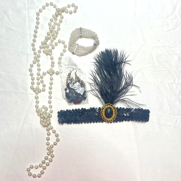 Flapper Costume Black Gold Sequins 1920s Set Size Medium - Picture 7 of 8